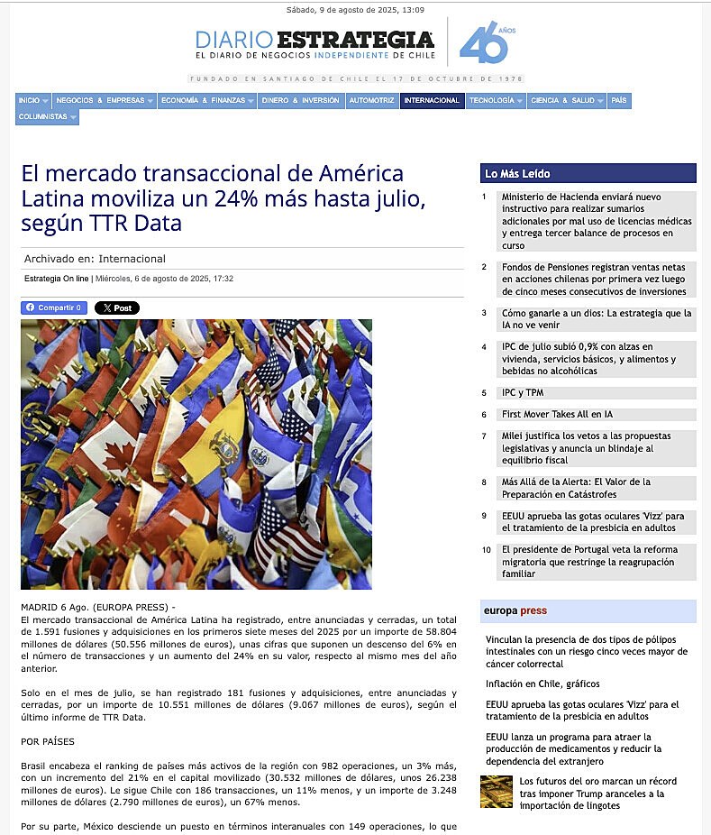 El mercado transaccional de Amrica Latina moviliza un 24% ms hasta julio, segn TTR Data